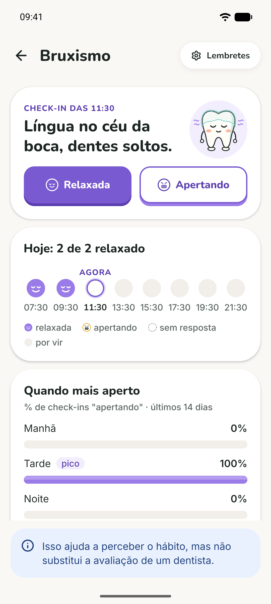 Tela do bruxismo: check-in das 11:30 com Relaxada e Apertando, hoje 2 de 2 relaxado e o pico de aperto à tarde.